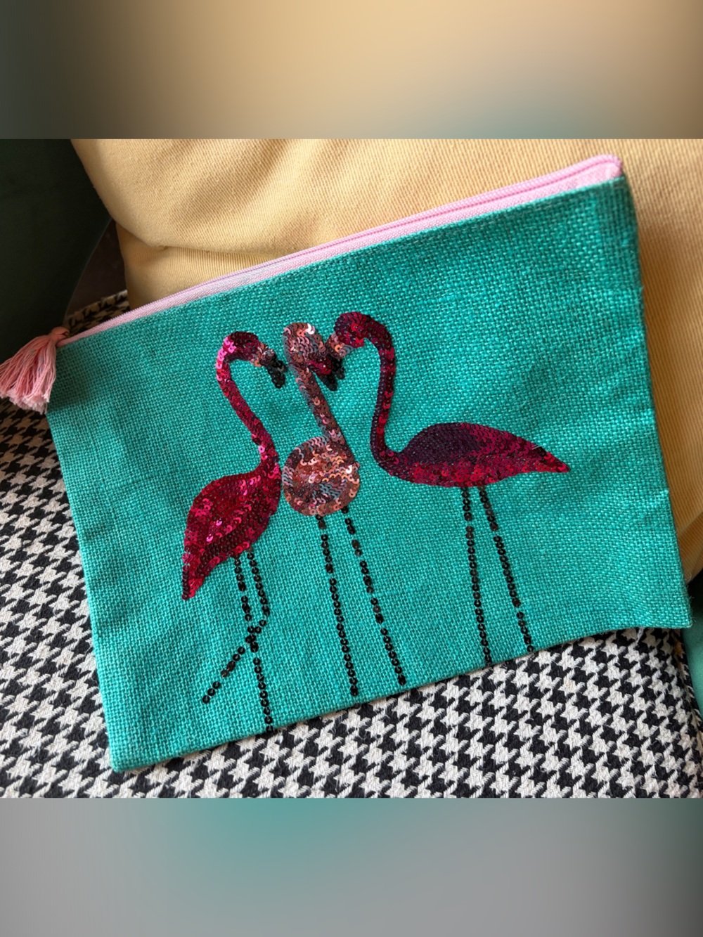 MudPie Sequin Flamingo Zip Pouch - Teal & Pink